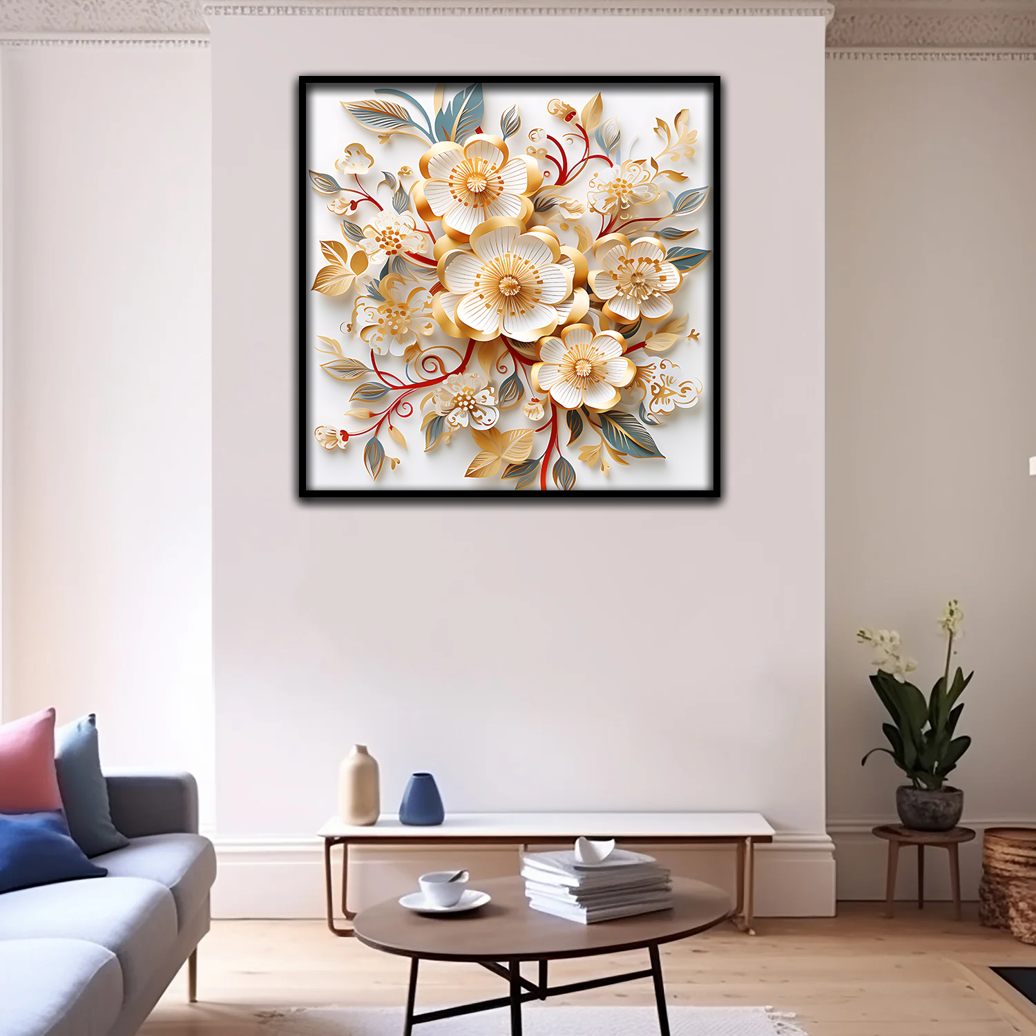 3D Floral Wall Art – Elegant Gold and White Paper Flower Design in Black Frame Secondary image