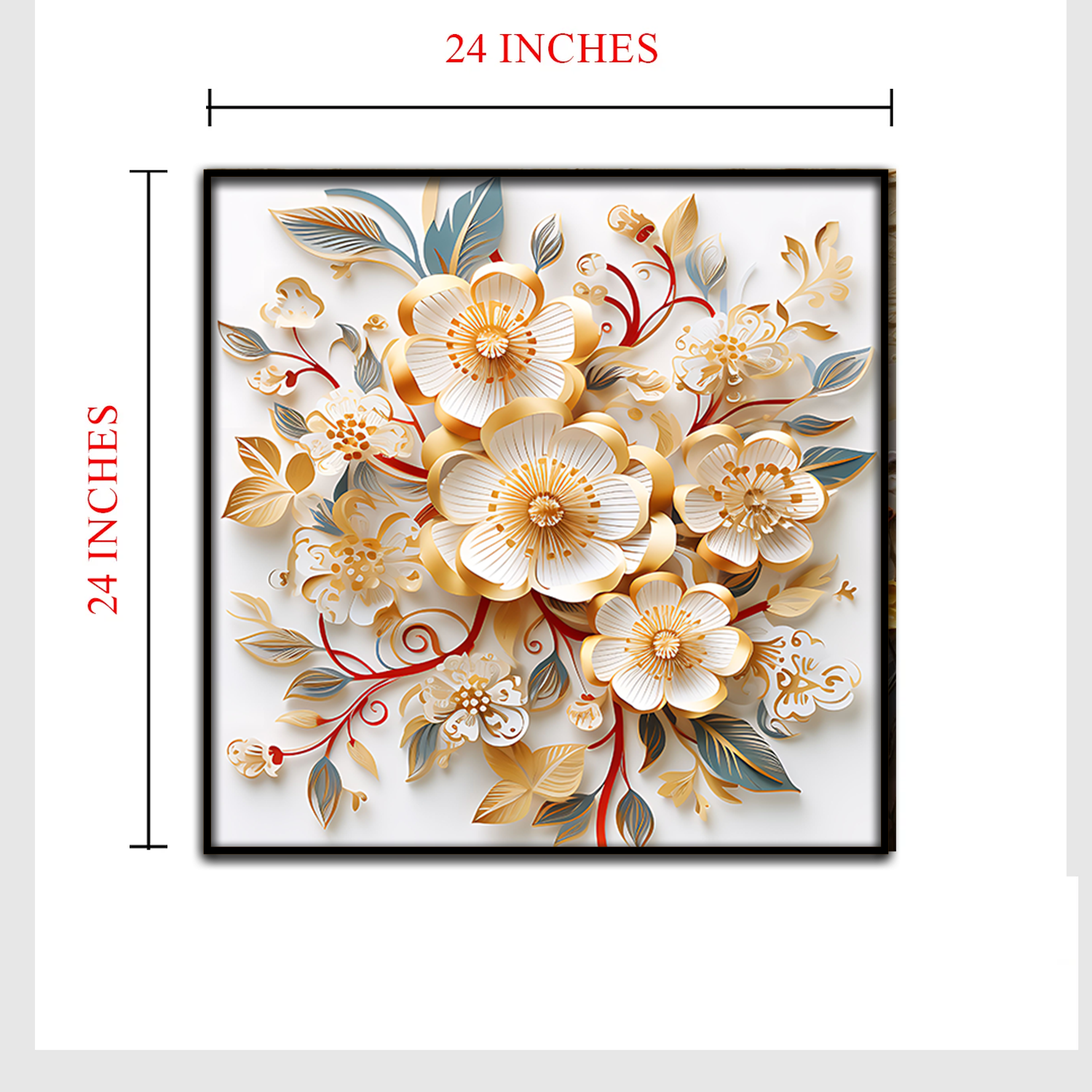 3D Floral Wall Art – Elegant Gold and White Paper Flower Design in Black Frame