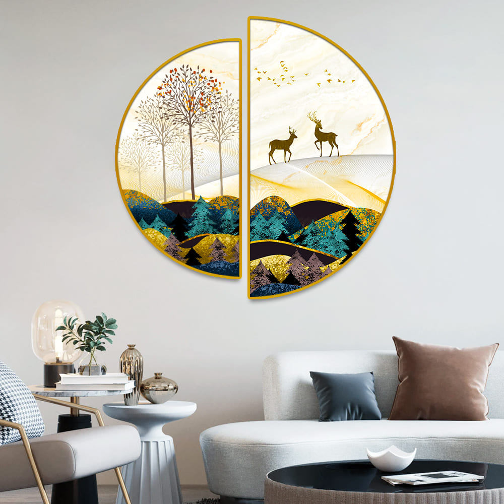 Semi Circle Golden Trees With Birds And Deer Wall Paintings & Arts Main image