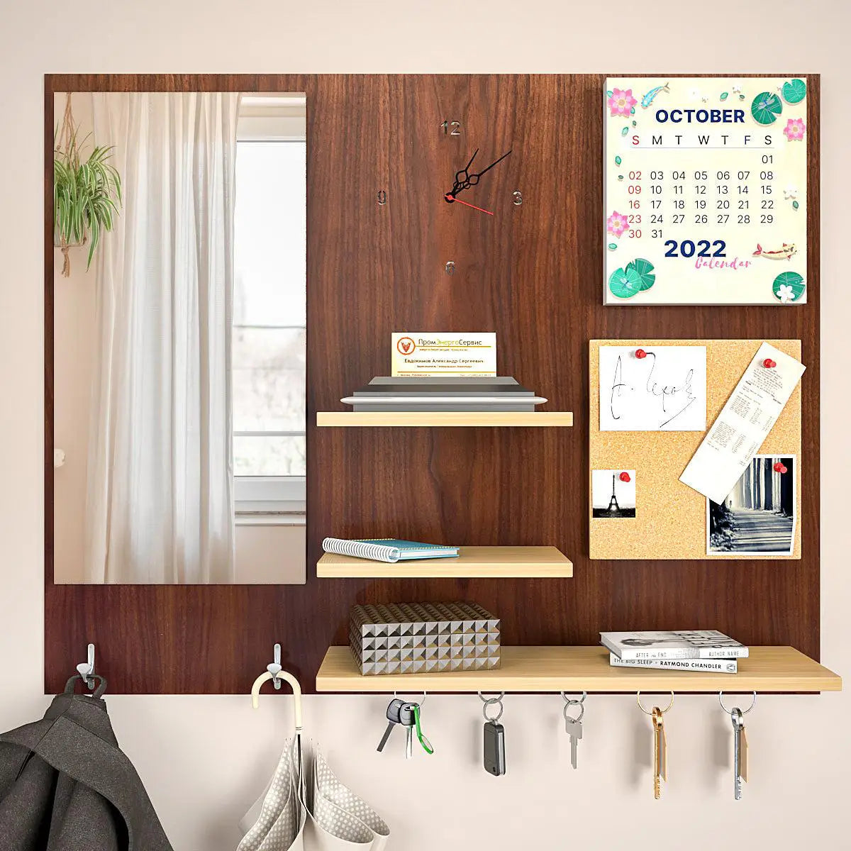 Beautiful (7 In One)' Wooden Wall Organiser With Mirror, Watch, Clipboard, Calendar and Hangers Main image