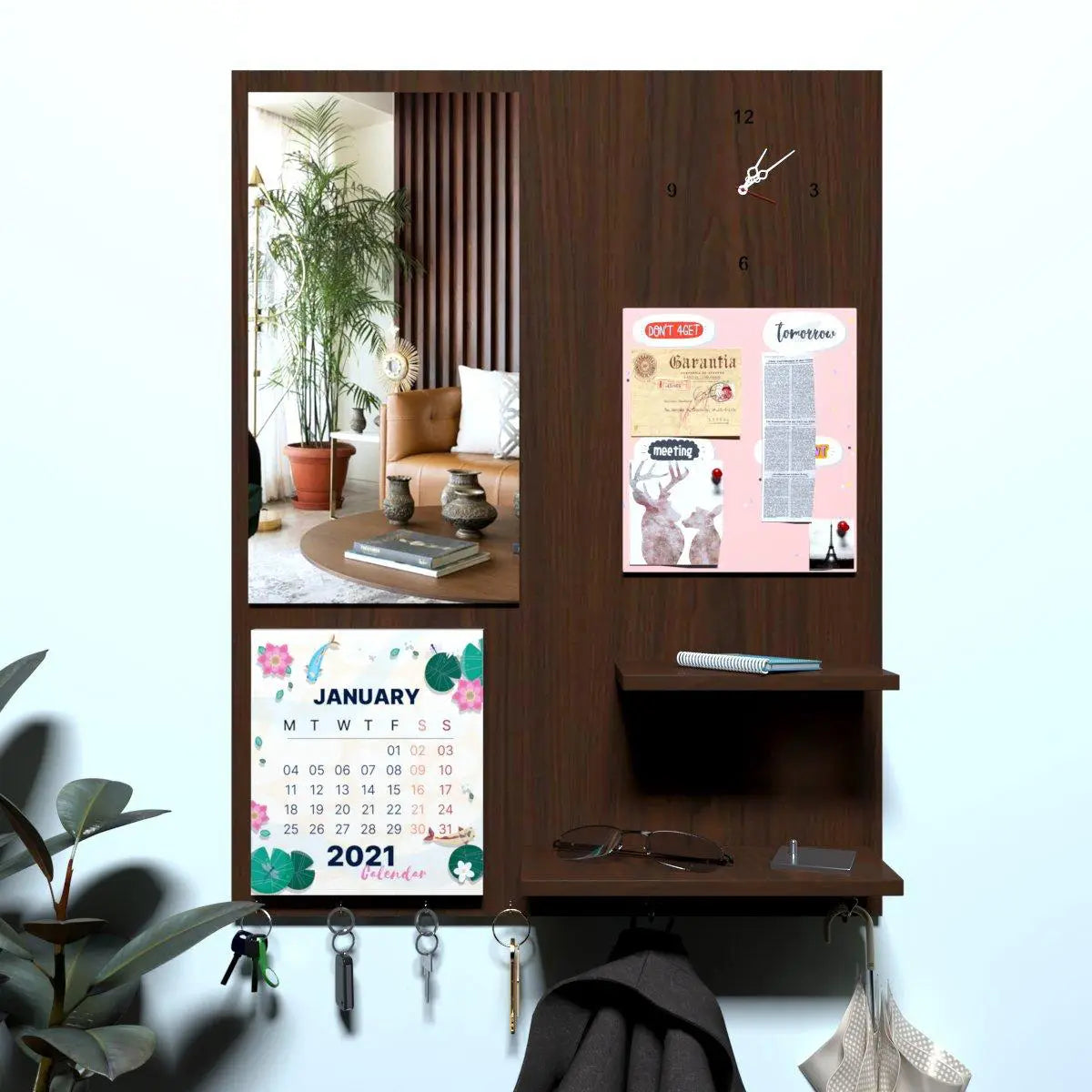 Beautiful (7 In One)' Wooden Wall Organiser With Mirror, Key hangers, Coat Hangers, Pin Board, Clock, Calendar Main image