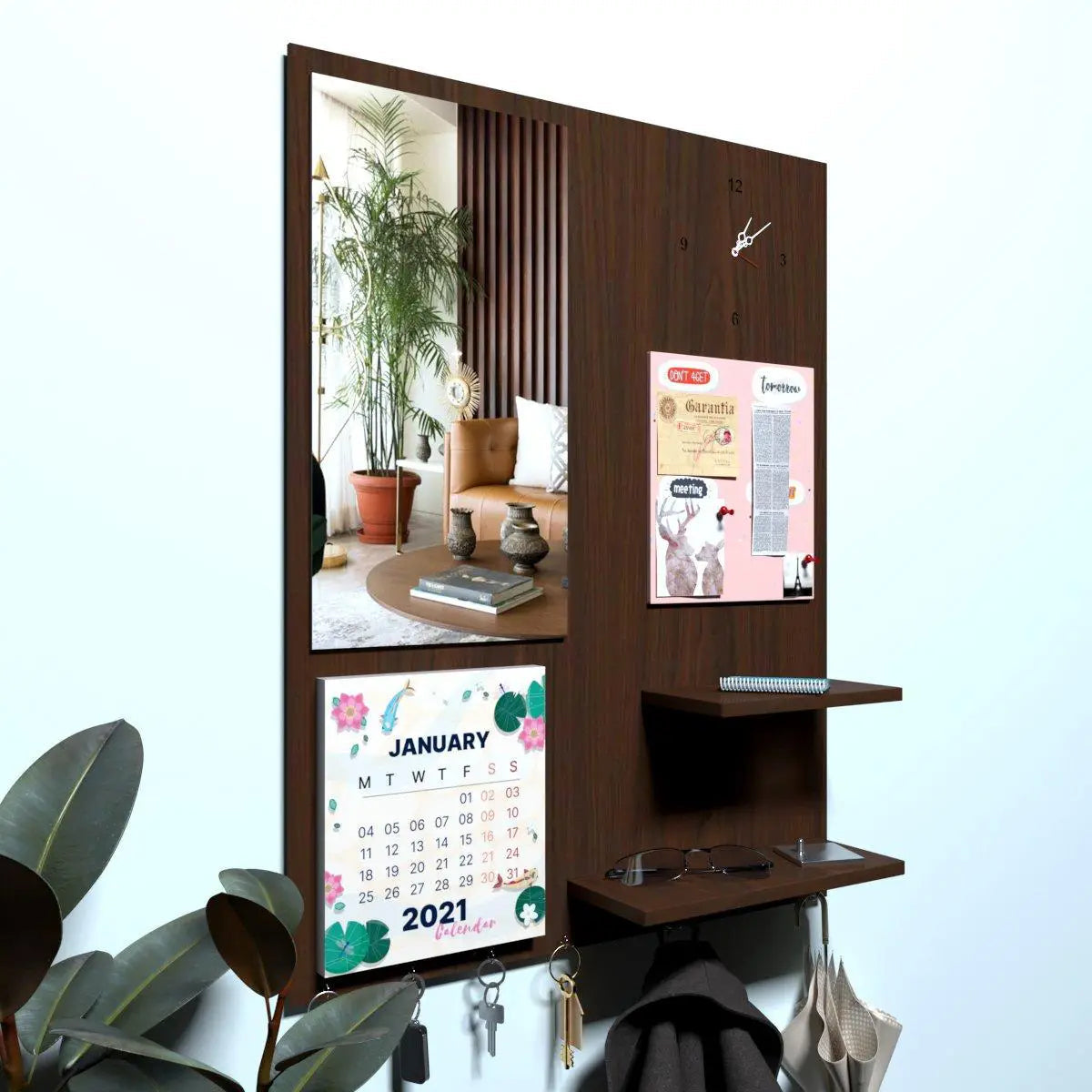 Beautiful (7 In One)' Wooden Wall Organiser With Mirror, Key hangers, Coat Hangers, Pin Board, Clock, Calendar Secondary image
