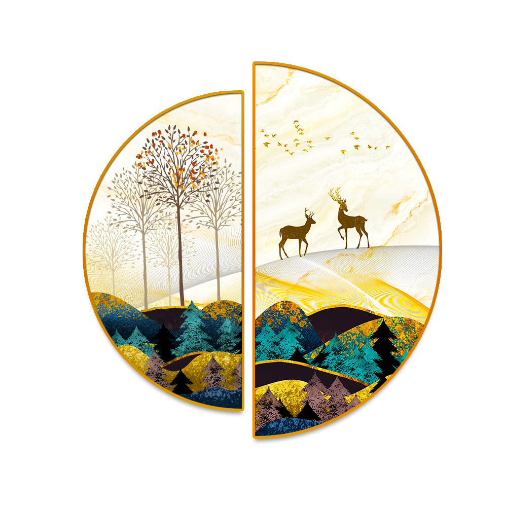 Semi Circle Golden Trees With Birds And Deer Wall Paintings & Arts Secondary image