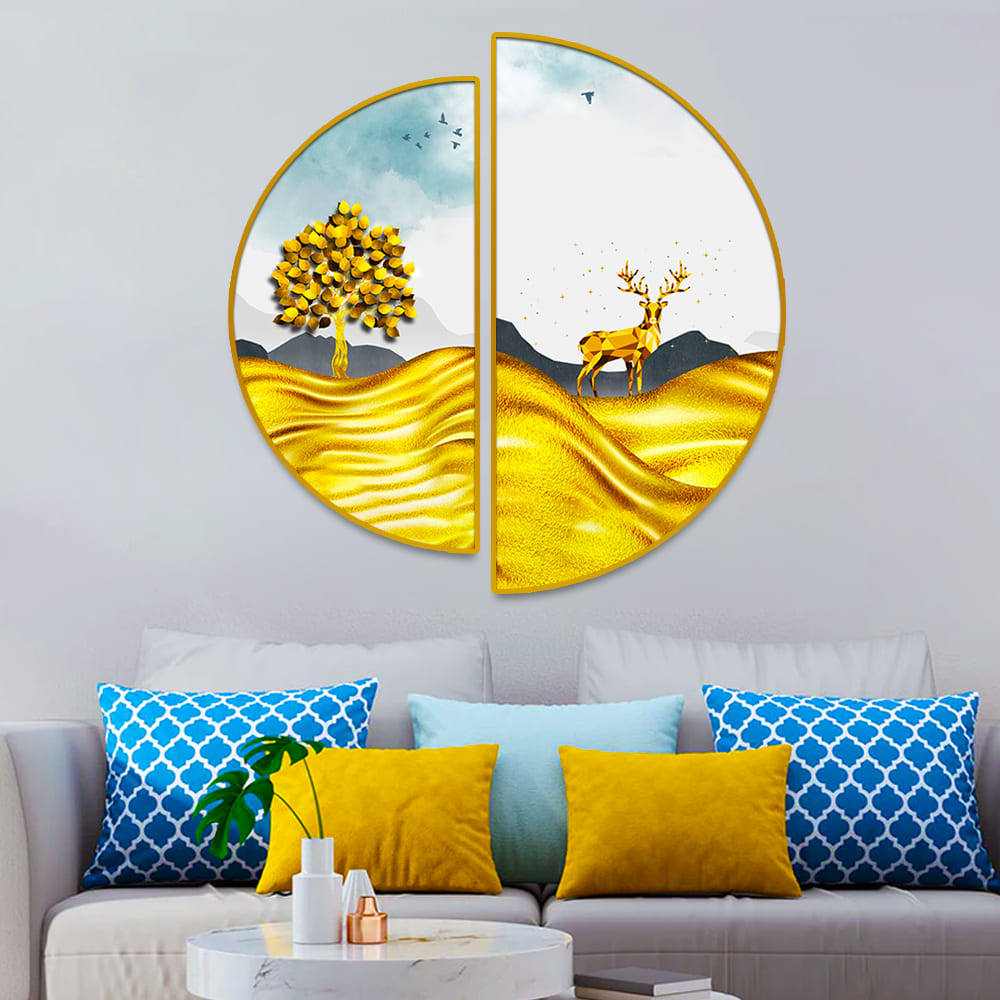 Semi Circle Golden Trees With Mountains And Deer Wall Paintings & Arts Main image