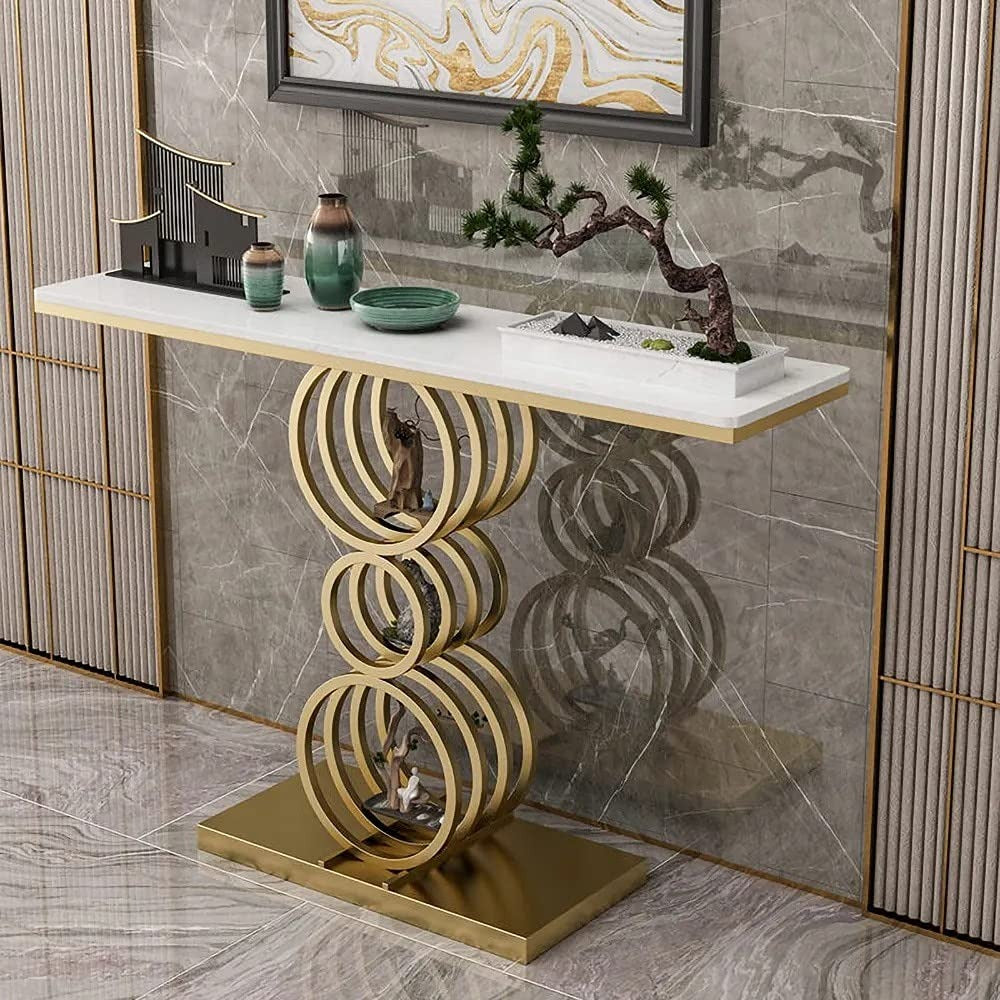 Artistic Triple Ring Gold Base Marble Console Table