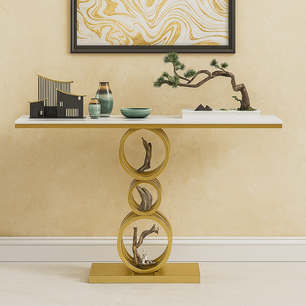 Artistic Triple Ring Gold Base Marble Console Table Secondary image