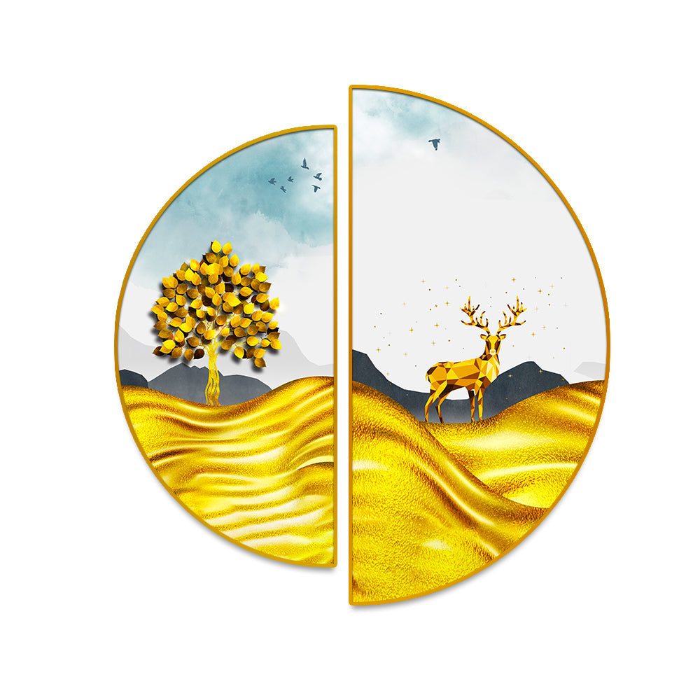 Semi Circle Golden Trees With Mountains And Deer Wall Paintings & Arts Secondary image