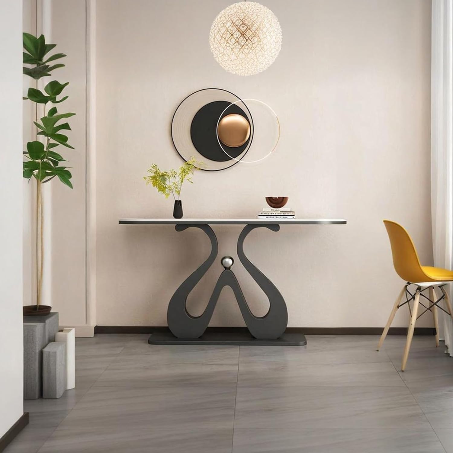 Artistic Marble Console Table with Black Sculptural Base and Silver Ball Main image