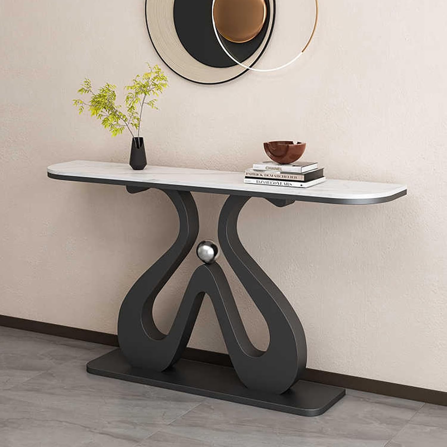 Artistic Marble Console Table with Black Sculptural Base and Silver Ball Secondary image