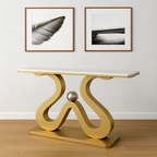 Artistic Marble Console Table with Golden Sculptural Base and Silver Ball