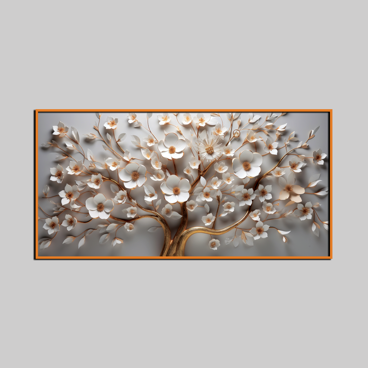 3D White Blossom Tree Wall Art – Elegant Gold Accented Floral Canvas for Modern Home Décor Secondary image