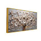3D White Blossom Tree Wall Art – Elegant Gold Accented Floral Canvas for Modern Home Décor