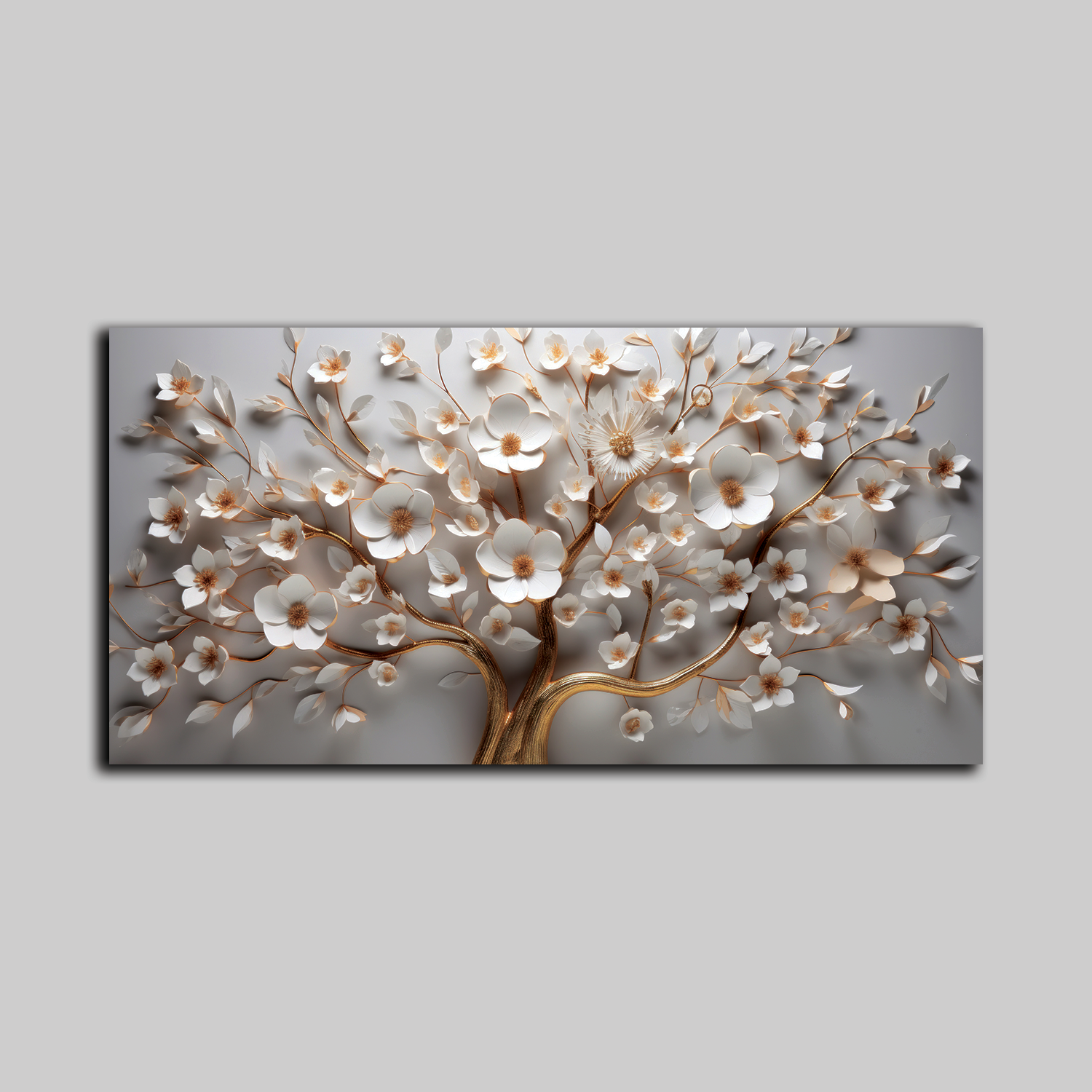 3D White Blossom Tree Wall Art – Elegant Gold Accented Floral Canvas for Modern Home Décor