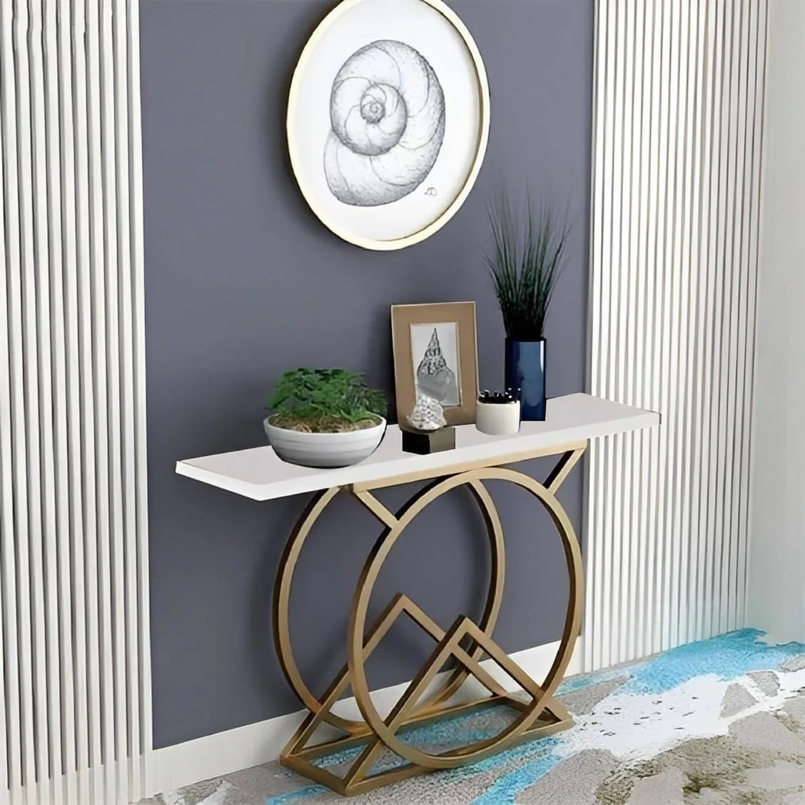 White Console Table with Twin Ring Gold Base Secondary image