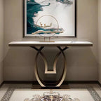 White Marble Console Table with Double Ring Gold Base
