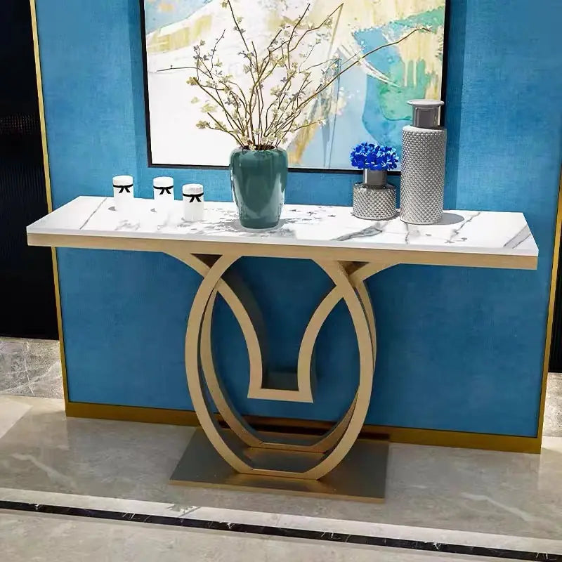 White Marble Console Table with Double Ring Gold Base Secondary image