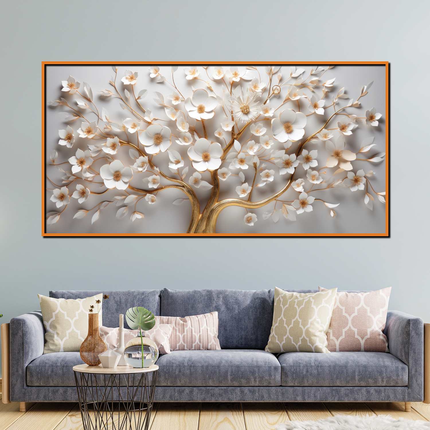 3D White Blossom Tree Wall Art – Elegant Gold Accented Floral Canvas for Modern Home Décor