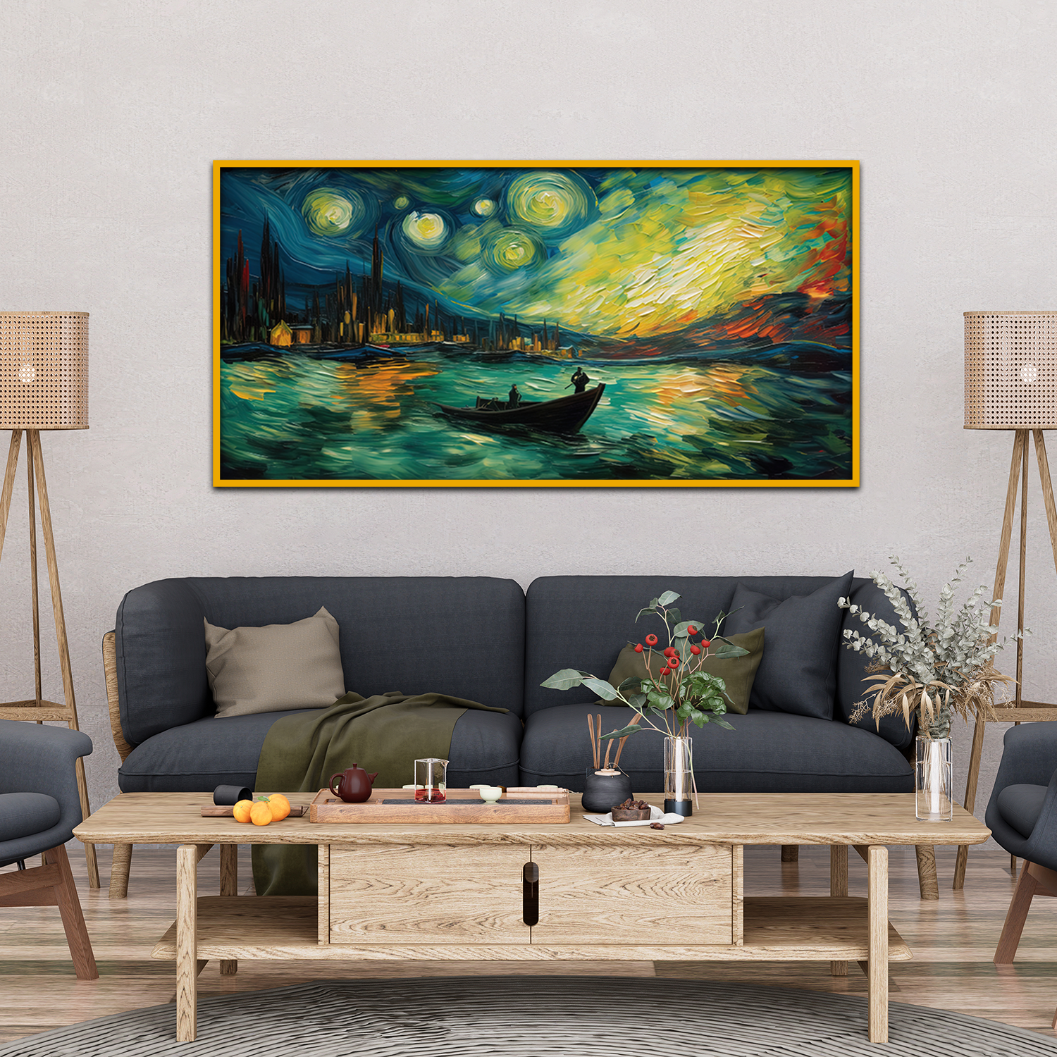 Beautiful Boat With Night Sky Background Canvas Wall Paintings Main image
