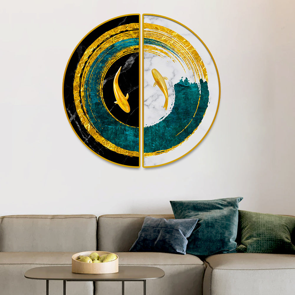 Abstract Blue Geometric Semi Circle Gold Line Art Decoration Paintings Main image