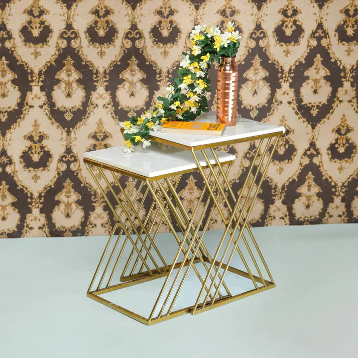 White Marble Golden Iron Stand Side Coffee Table Set of 2 Main image