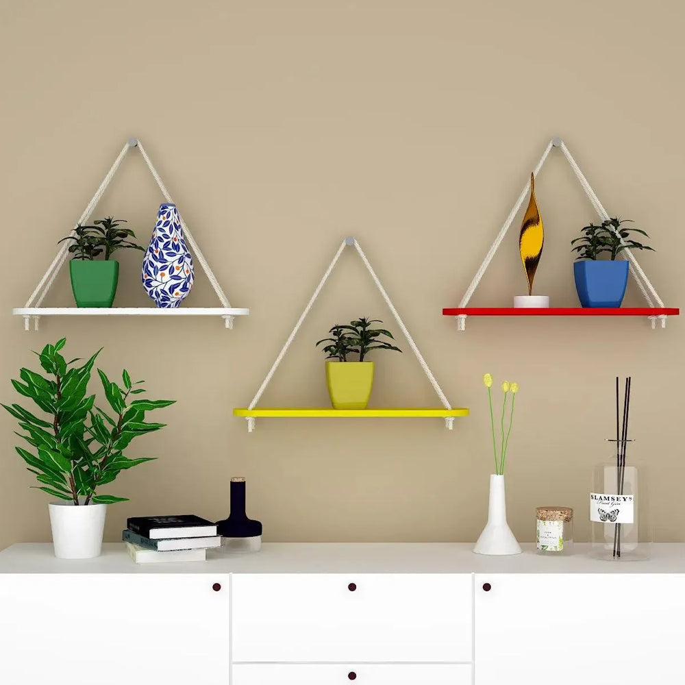 Wooden Wall Hanging Planter Shelf with Rope (Multicolor, Set of 3) Main image