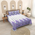 Amethyst Bloom Hand Block Cotton Double Bedsheet - Traditional Jaipuri Purple & White Pattern