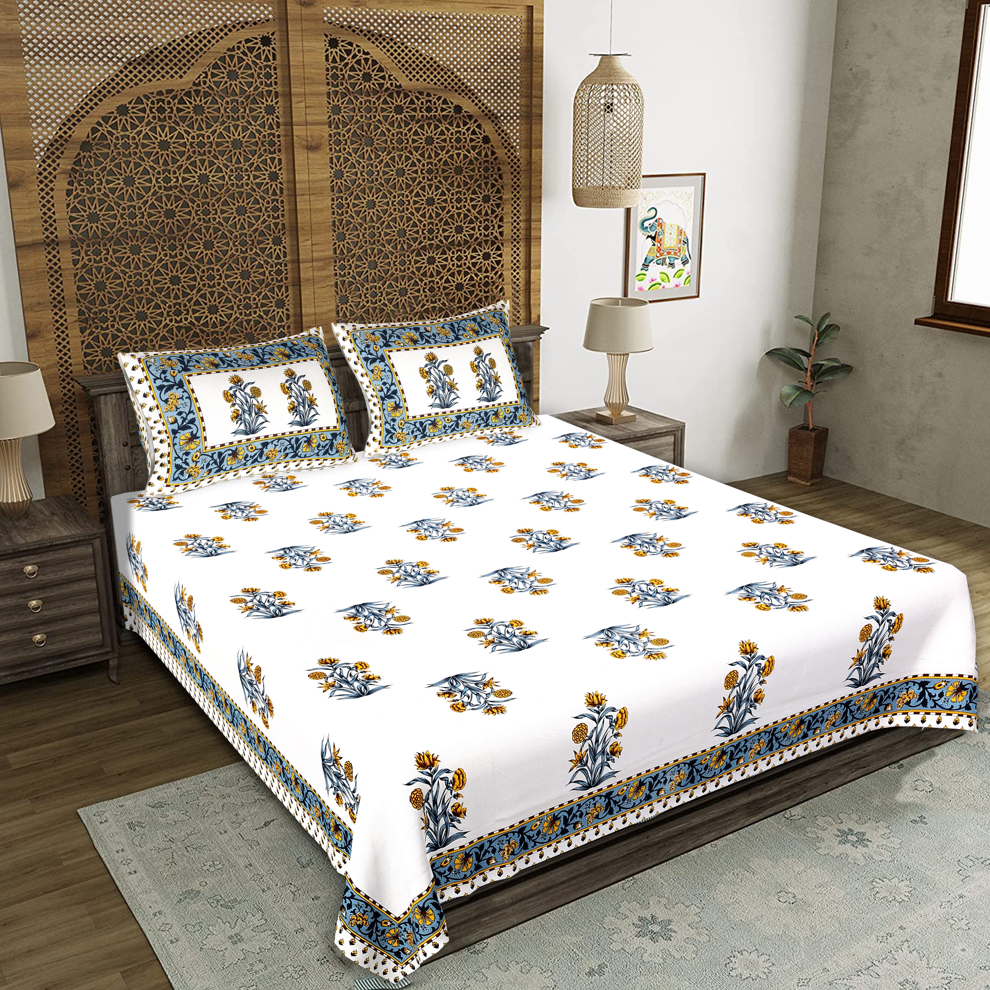 Azure Gold Harmony Block Print Double Bedsheet Set - Cotton Floral Design with Pillow Covers Main image