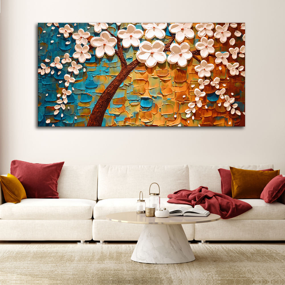 Beautiful Floral Tree Art with White Flower Premium Canvas Wall Painting Main image