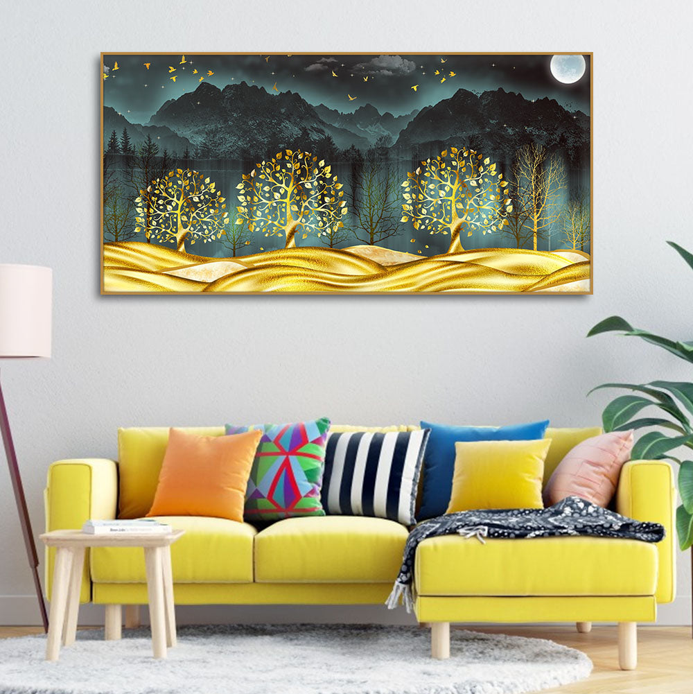 Wall Painting of Golden Trees in Dark Forest Main image