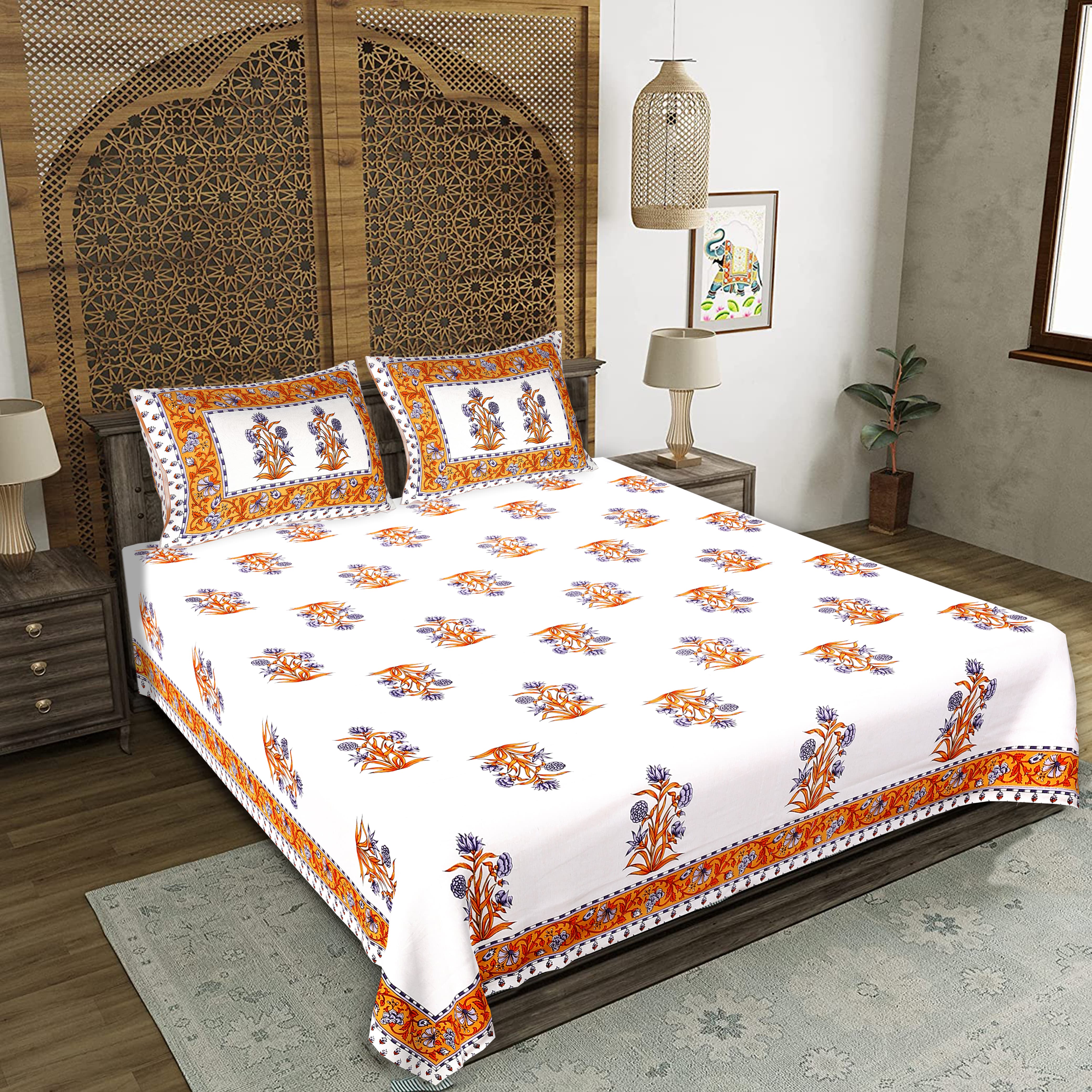 Amber Violet Jaipuri Block Print Cotton Double Bedsheet - Artisan Crafted Floral Pattern Main image