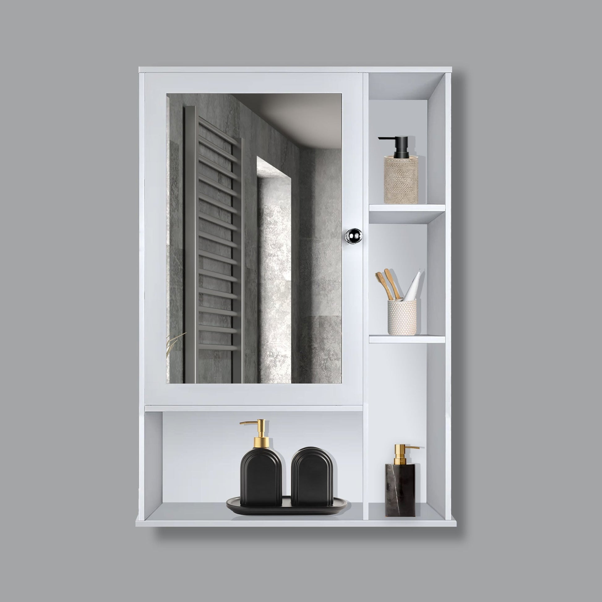 Aesthetic Wooden Bathroom Cabinet Mirror with 6 Spacious Shelves with White Finish Main image