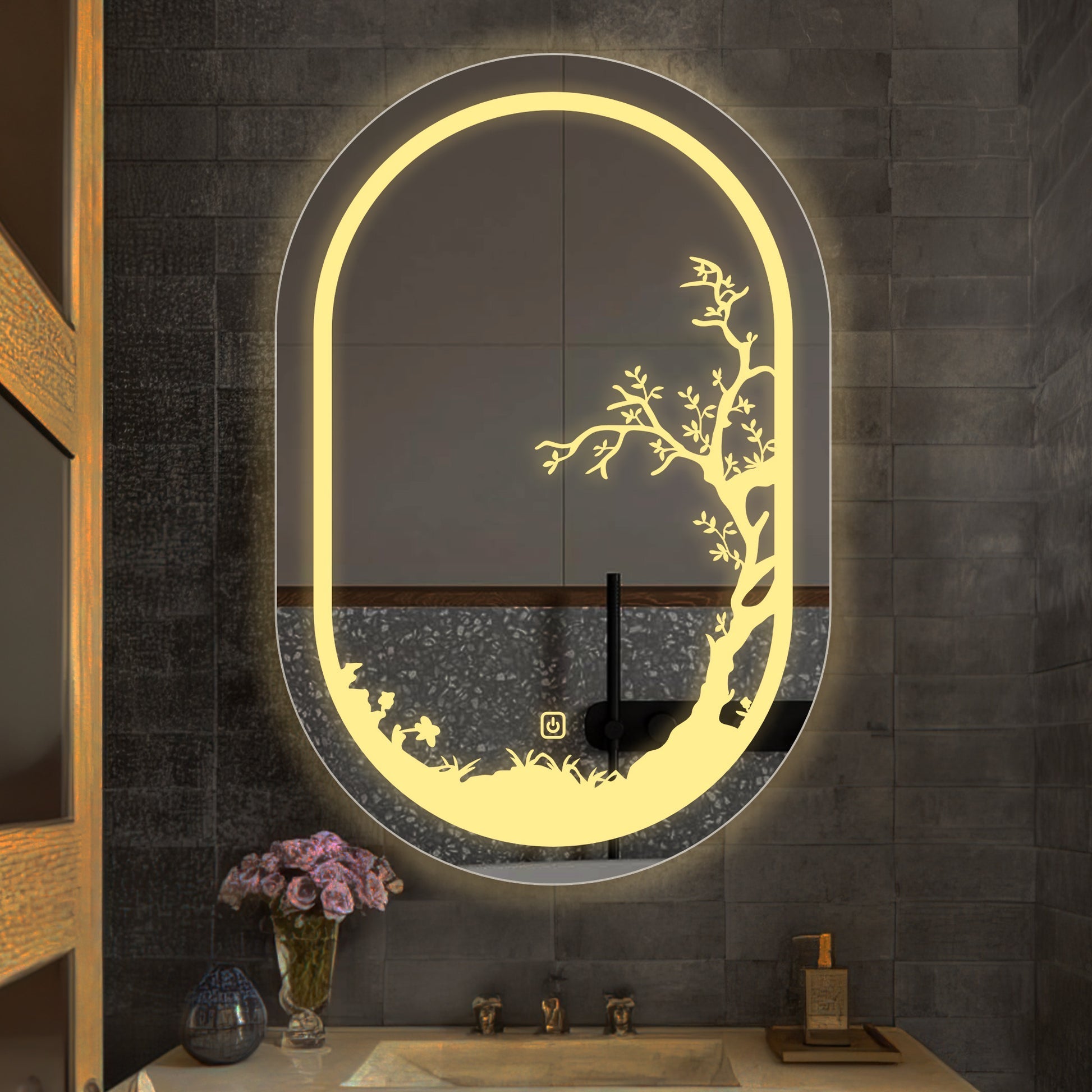 Beautiful Etching Border Edge Tree Design Art Led Bathroom Wall Mirror Main image