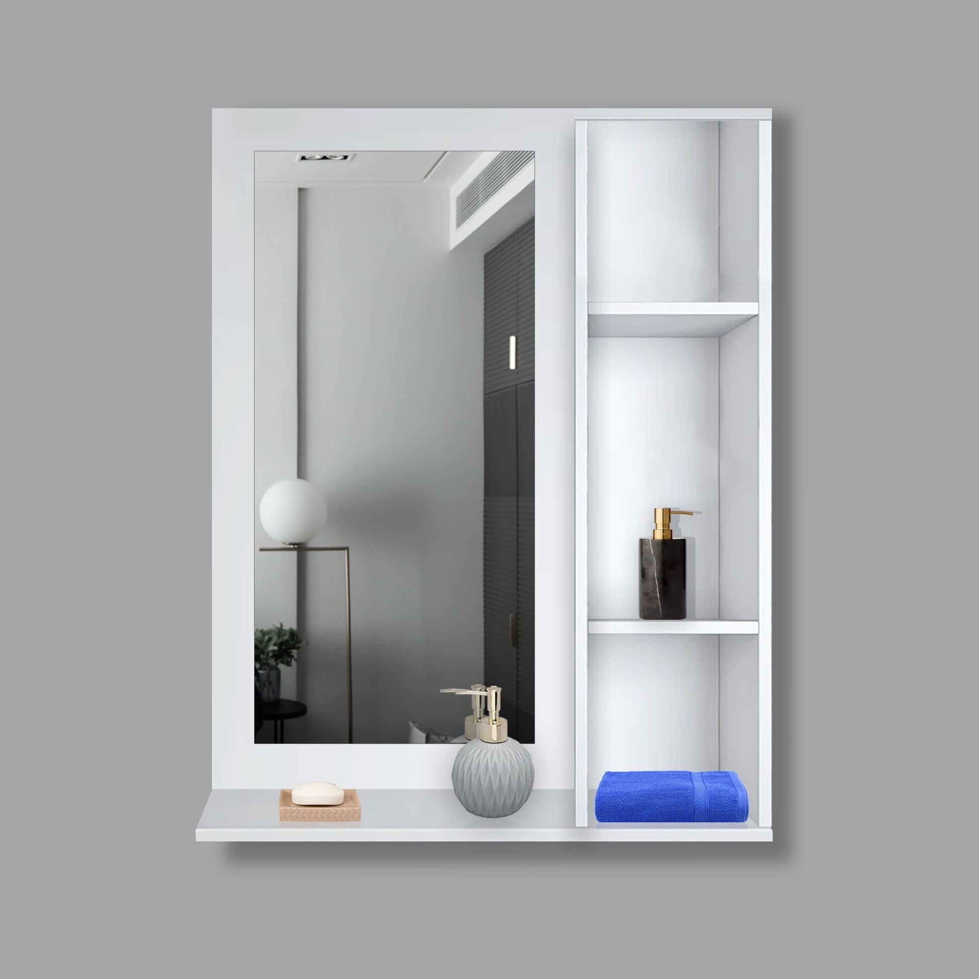 Aesthetic Wooden Bathroom Cabinet Mirror with 4 Spacious Shelves with White Finish Main image