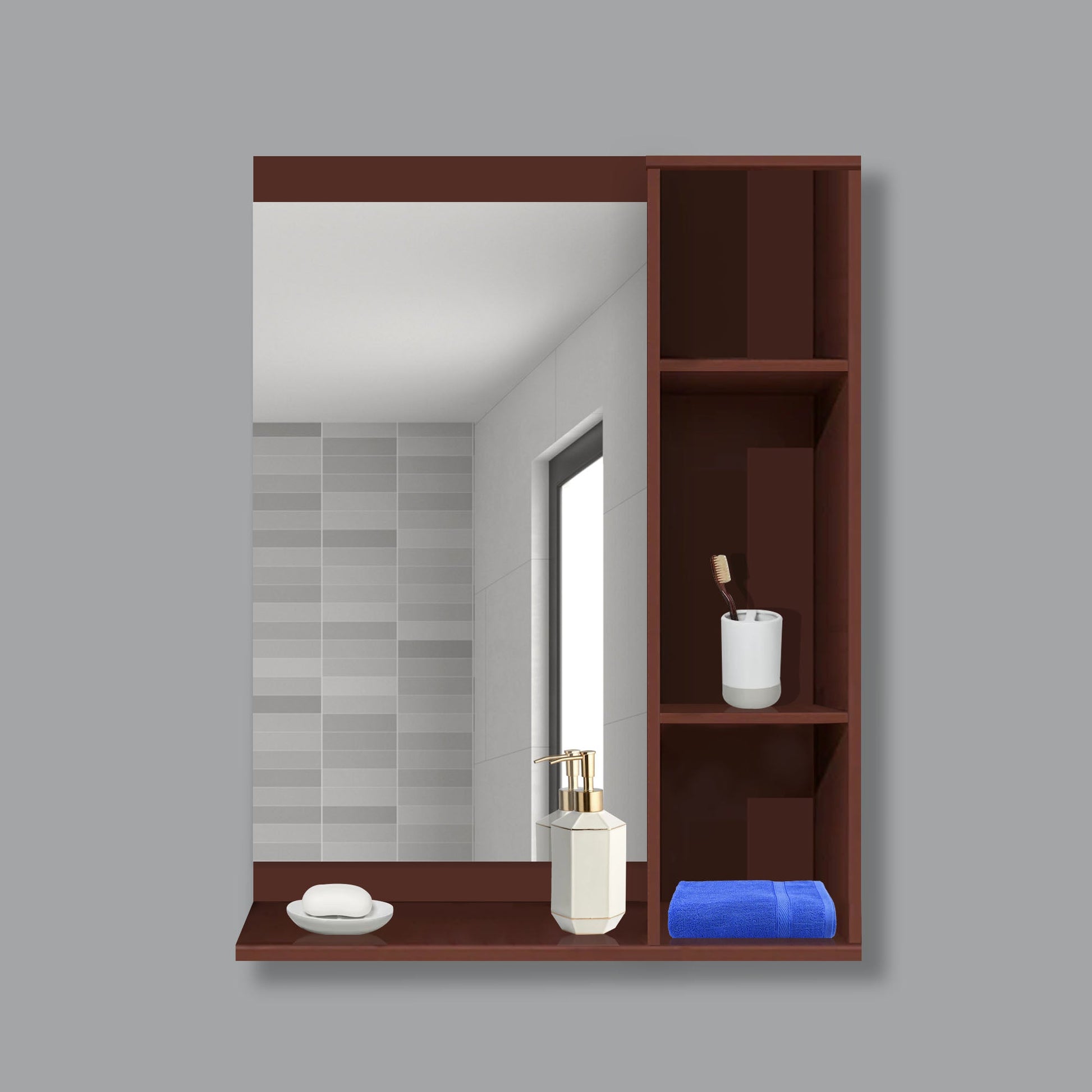 Aesthetic Wooden Bathroom Cabinet Mirror with 4 Spacious Shelves with Solid Brown Finish Main image