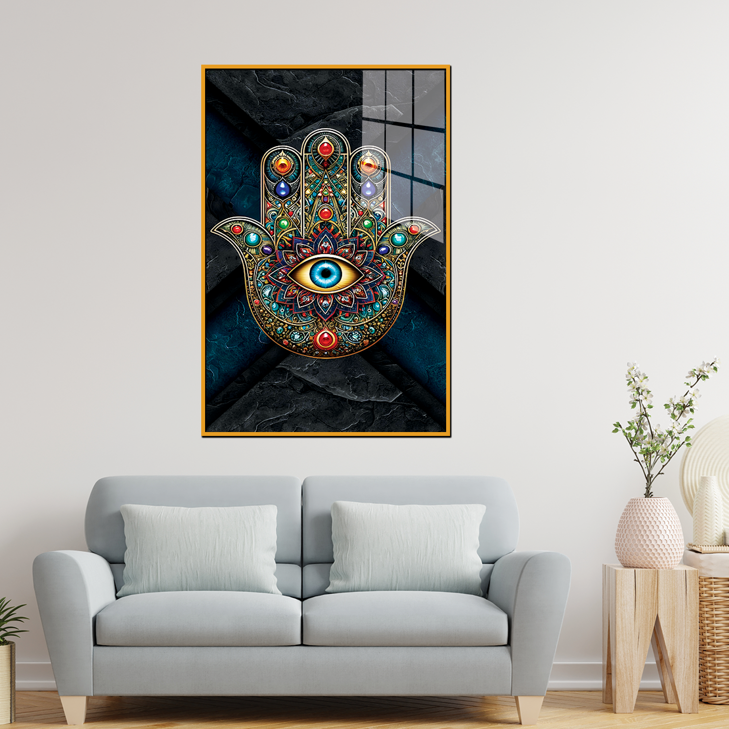 Acrylic Wall Painting – Hamsa Hand with Evil Eye Design Main image