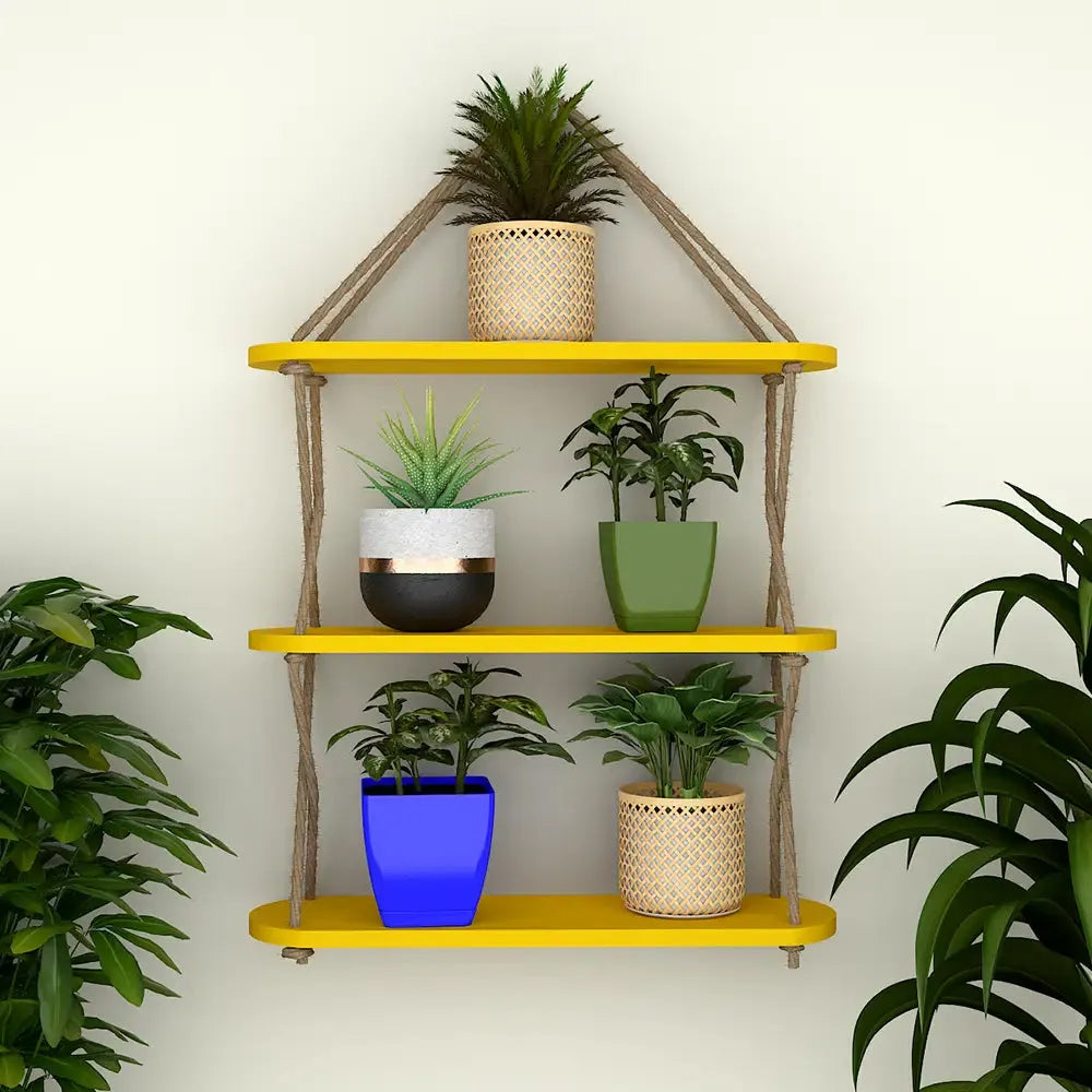 Wooden Wall Hanging Planter Shelf, Cross Rope with Three Layer (Yellow Color) Main image