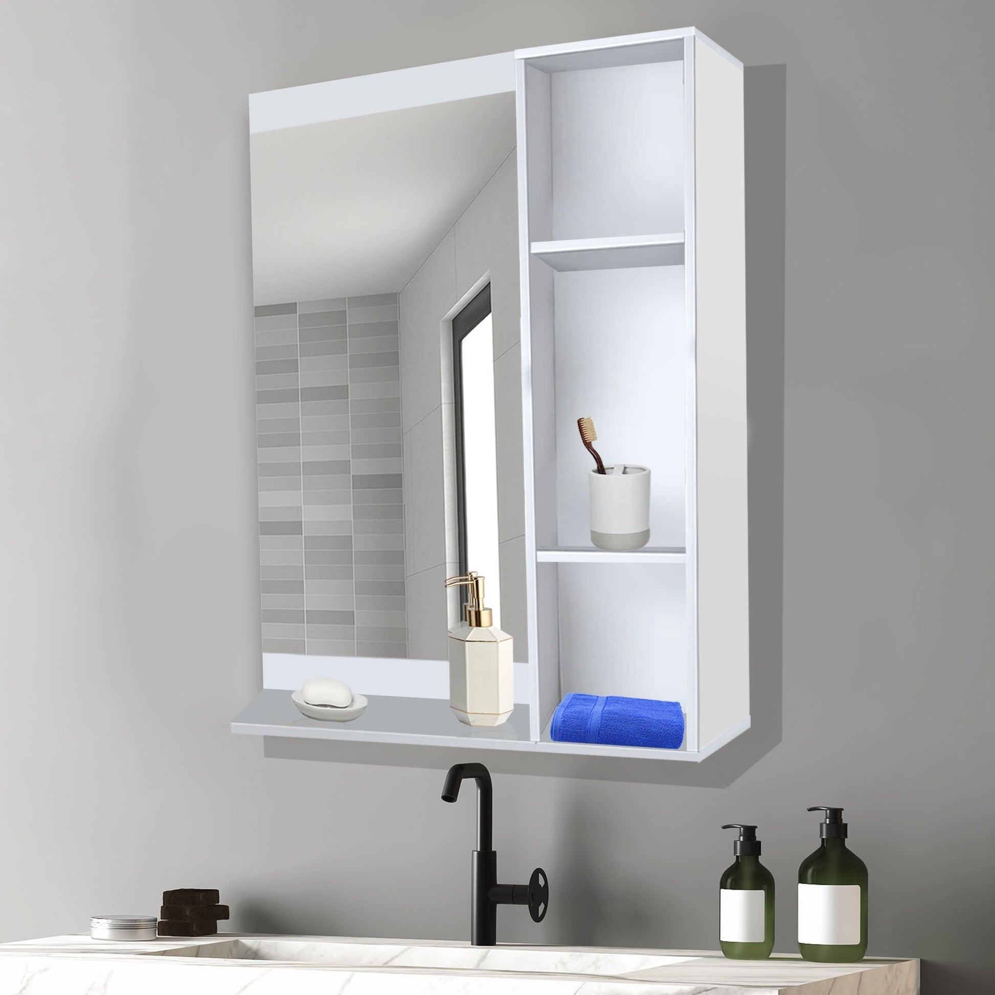 Aesthetic Wooden Bathroom Cabinet Mirror with 4 Spacious Shelves with White Finish Secondary image