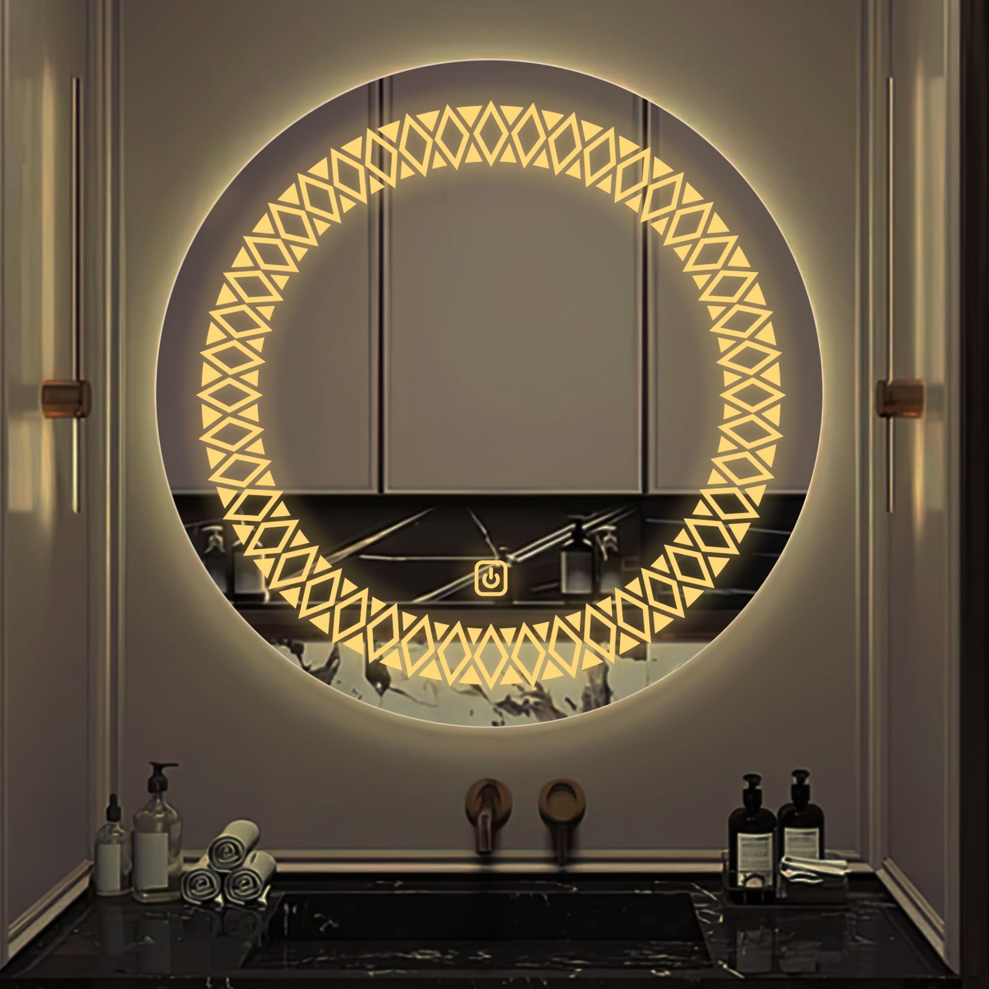 Artistic Pattern Design Art Led Rounded Shape Bathroom Wall Mirror Secondary image