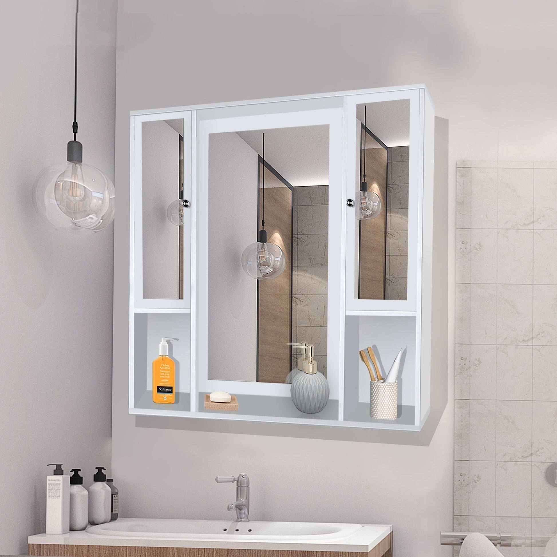 Aesthetic Wooden Bathroom Cabinet Mirror with 7 Spacious Shelves with White Finish Secondary image