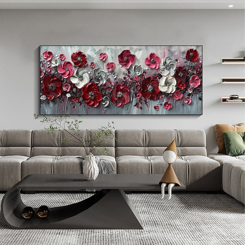 Abstract Red Flower Landscape Painting on Canvas, Extra Large Wall Art Original Texture Floral Wall Art Retro Wall Art Living Room Decor Online Secondary image
