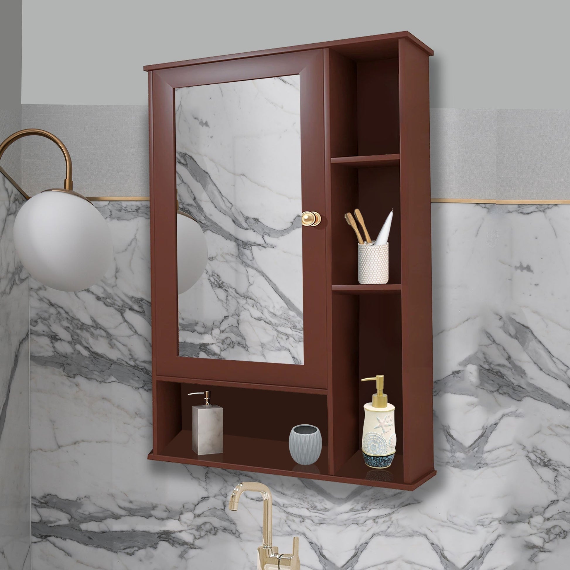 Aesthetic Wooden Bathroom Cabinet Mirror with 6 Spacious Shelves Finish Solid Brown Secondary image