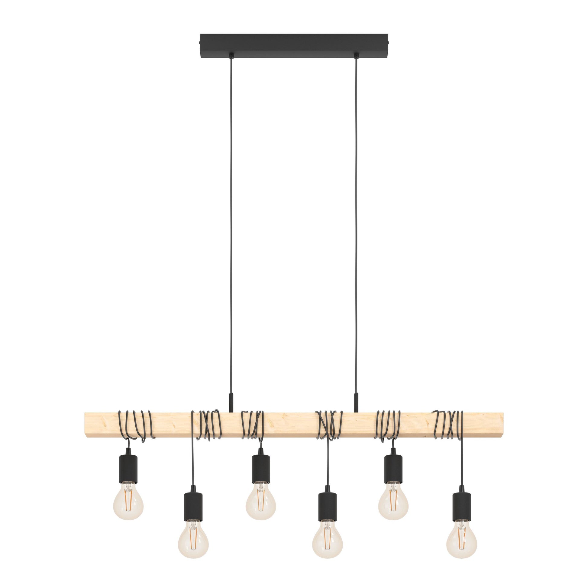 6 Light Black Steel Natural Wooden Bar Wooden Ceiling Light