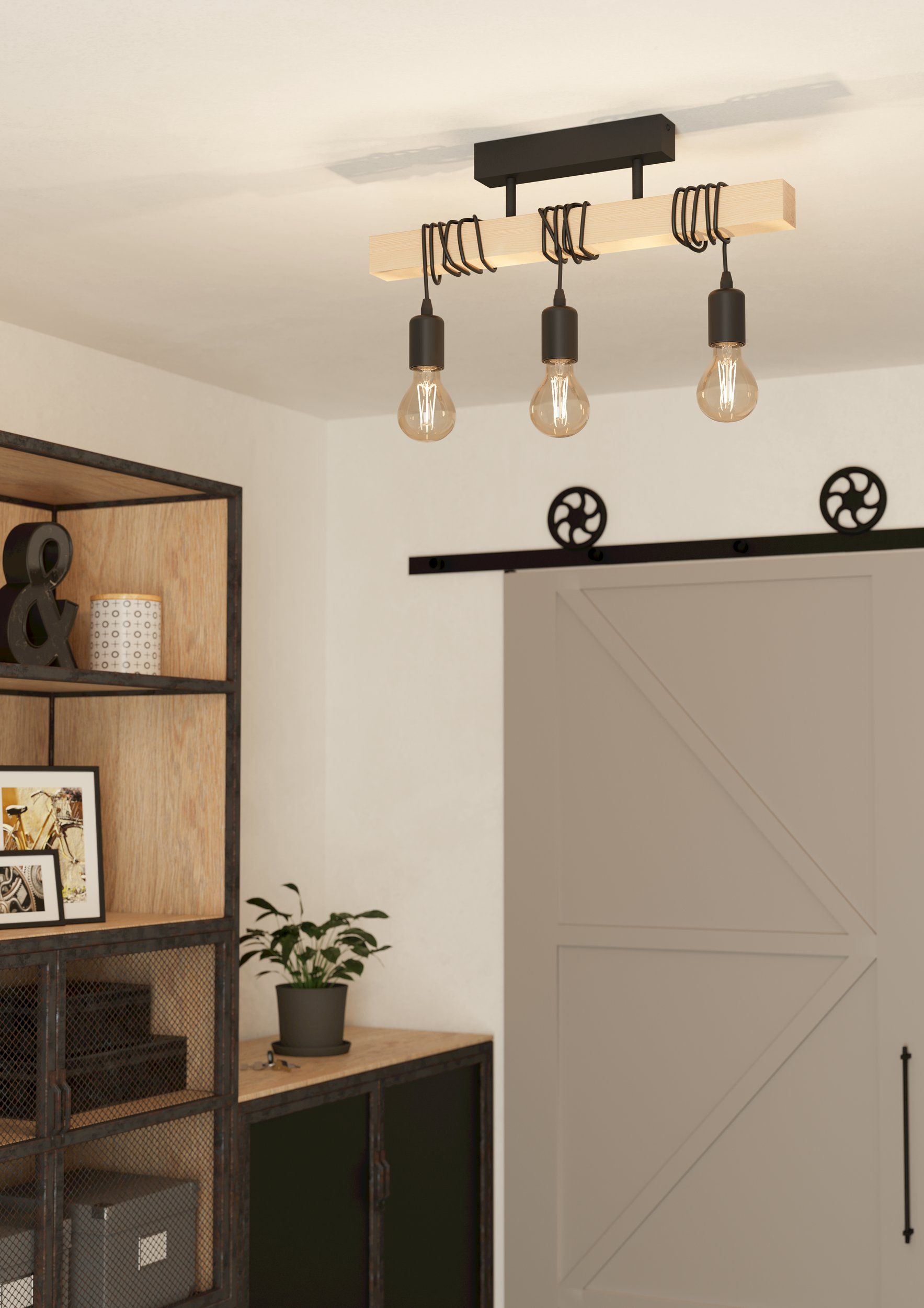 3 Light Black Steel Natural Wooden Bar Wooden Ceiling Light