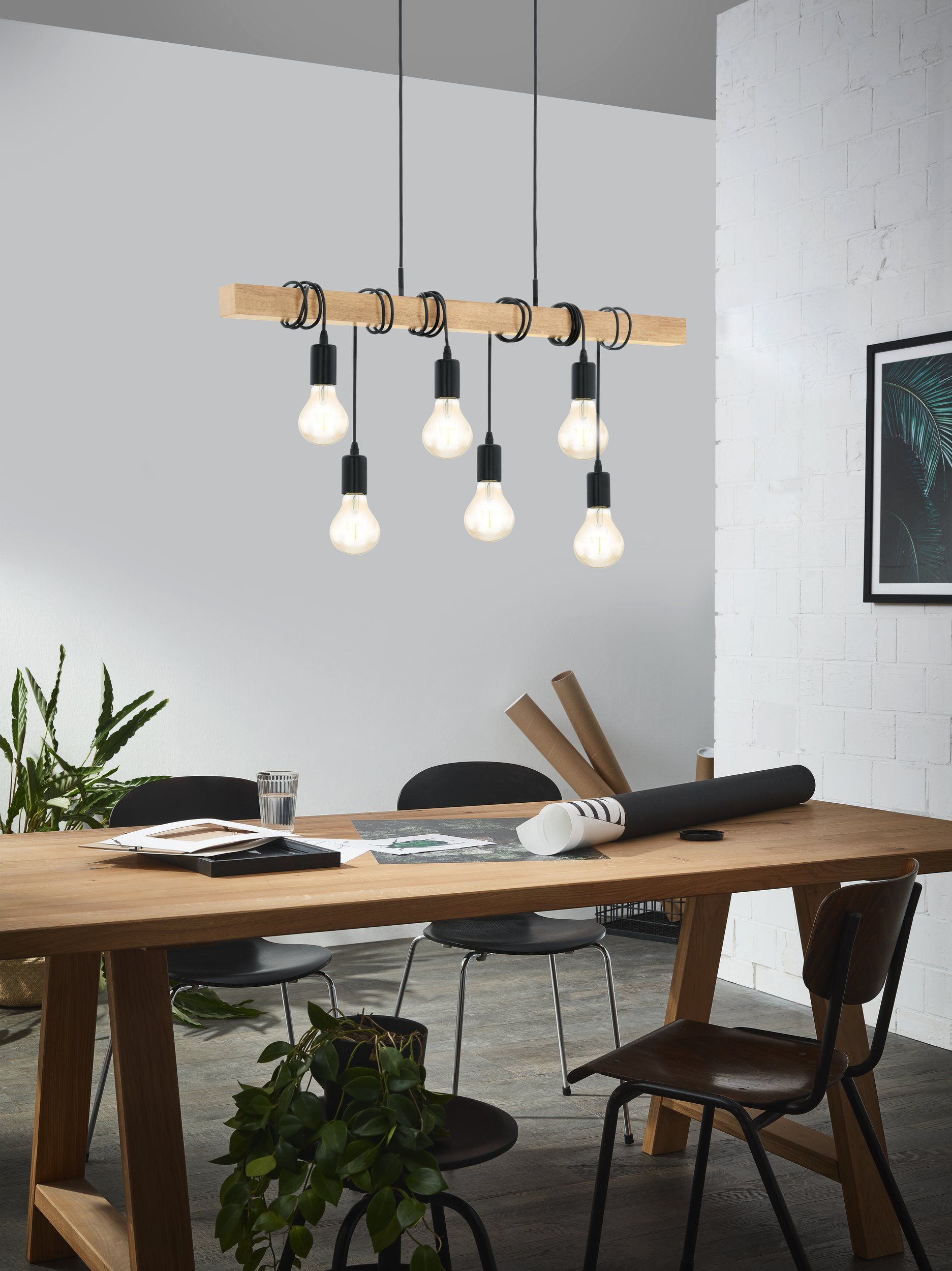 6 Light Black Steel Natural Wooden Bar Wooden Ceiling Light Main image