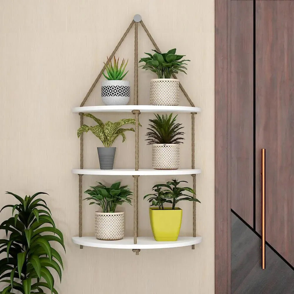 Wooden Wall Hanging Planter Shelf with Rope Three Layers(White) Main image
