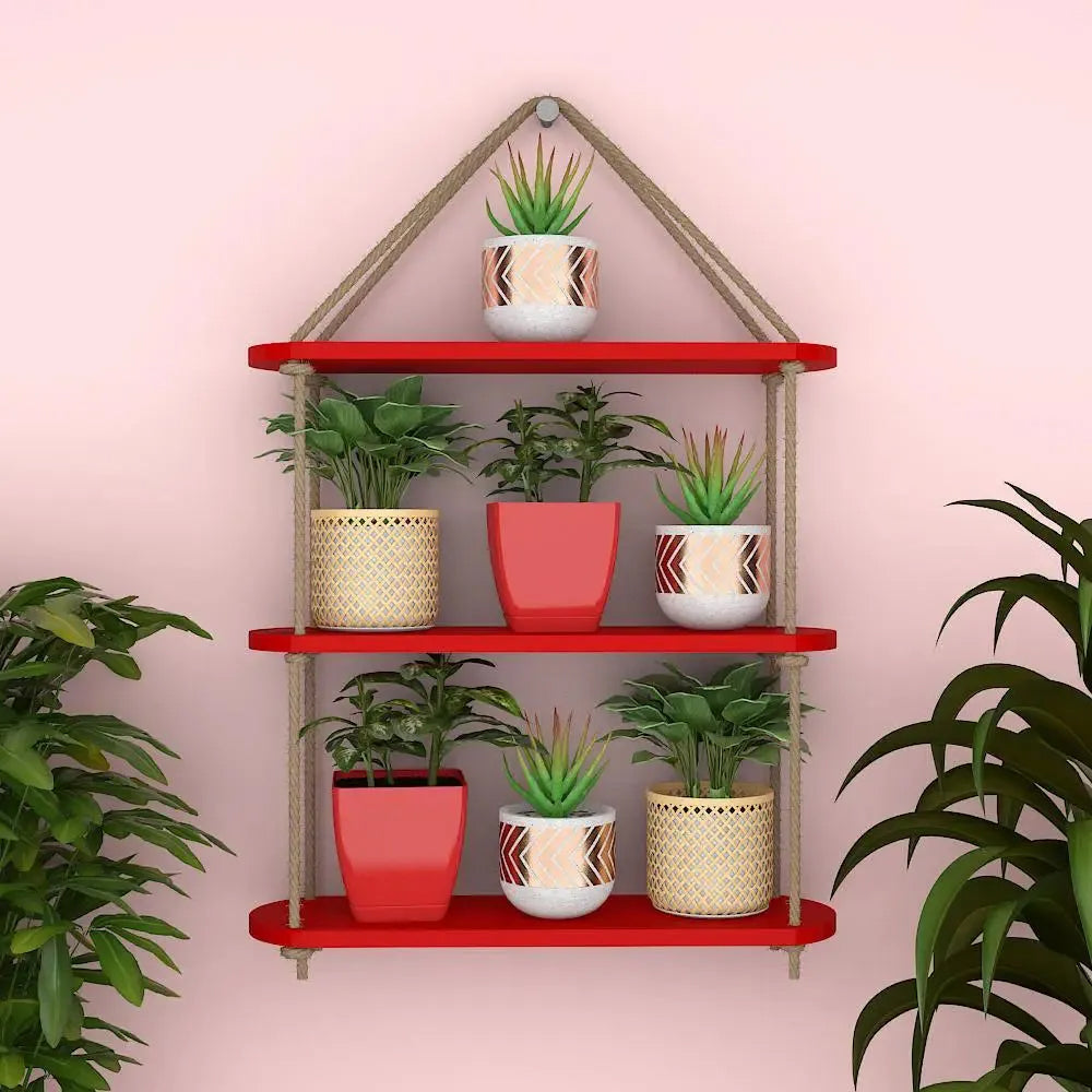 Wooden Wall Hanging Planter Shelf with Rope Three Layer (Red Color) Main image
