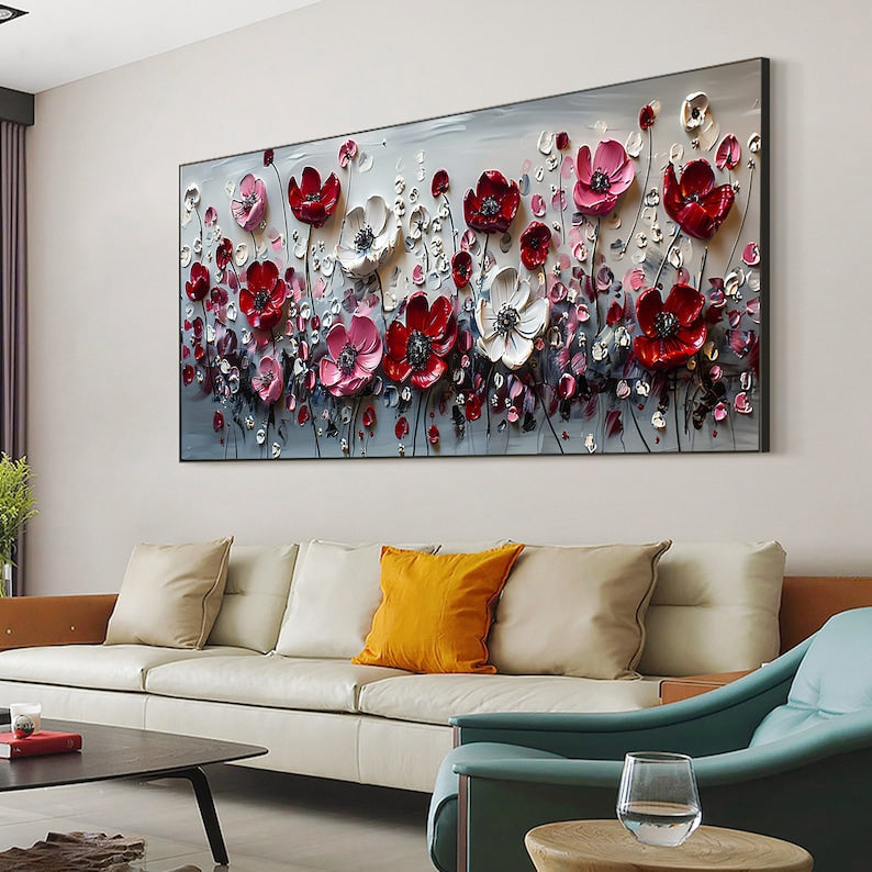 Abstract Flower Landscape Painting on Canvas Large Wall Art, Original Texture Floral Wall Art, Modern Bedroom Wall Decor HanVMade Gift Online