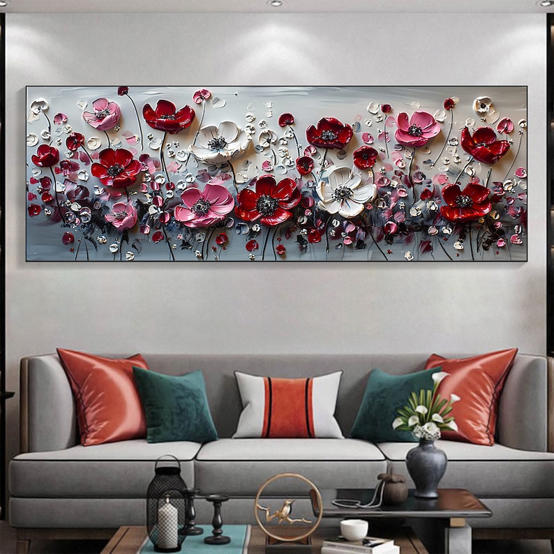 Abstract Flower Landscape Painting on Canvas Large Wall Art, Original Texture Floral Wall Art, Modern Bedroom Wall Decor HanVMade Gift Online