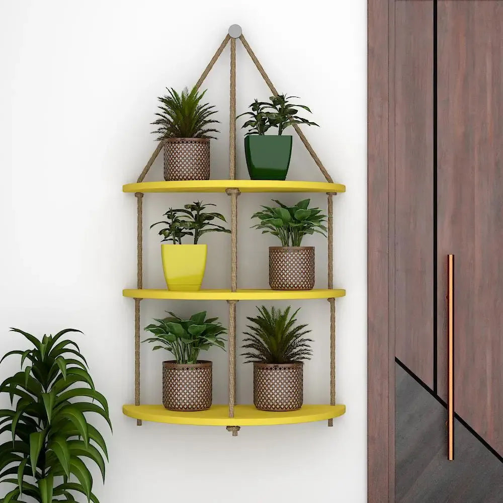 Wooden Wall Hanging Planter Shelf with Rope Three Layers(Yellow) Main image