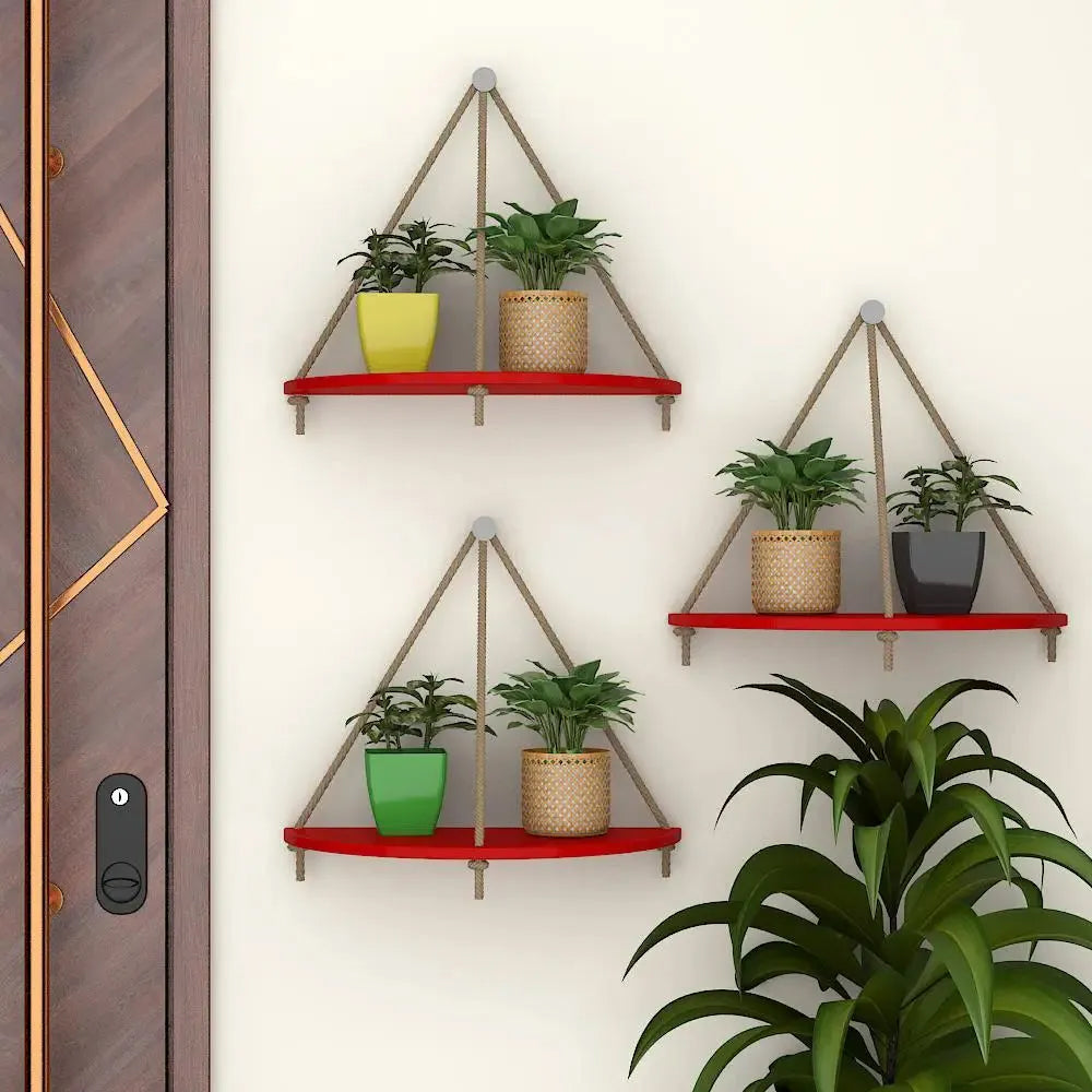 Wooden Wall Hanging Curved Shape Planter Shelf with Rope (Red) Main image